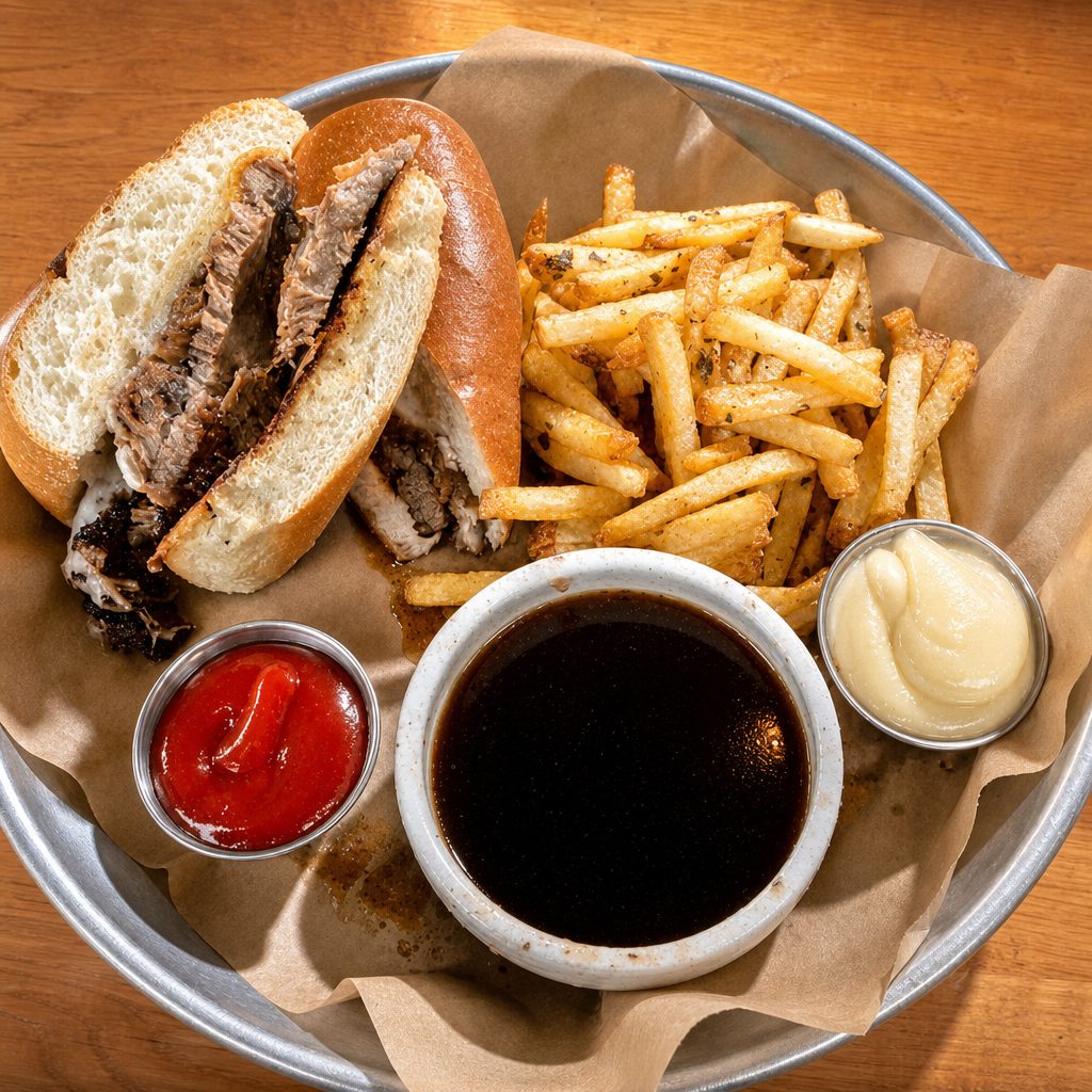 Brisket Beef Dip Sandwich.