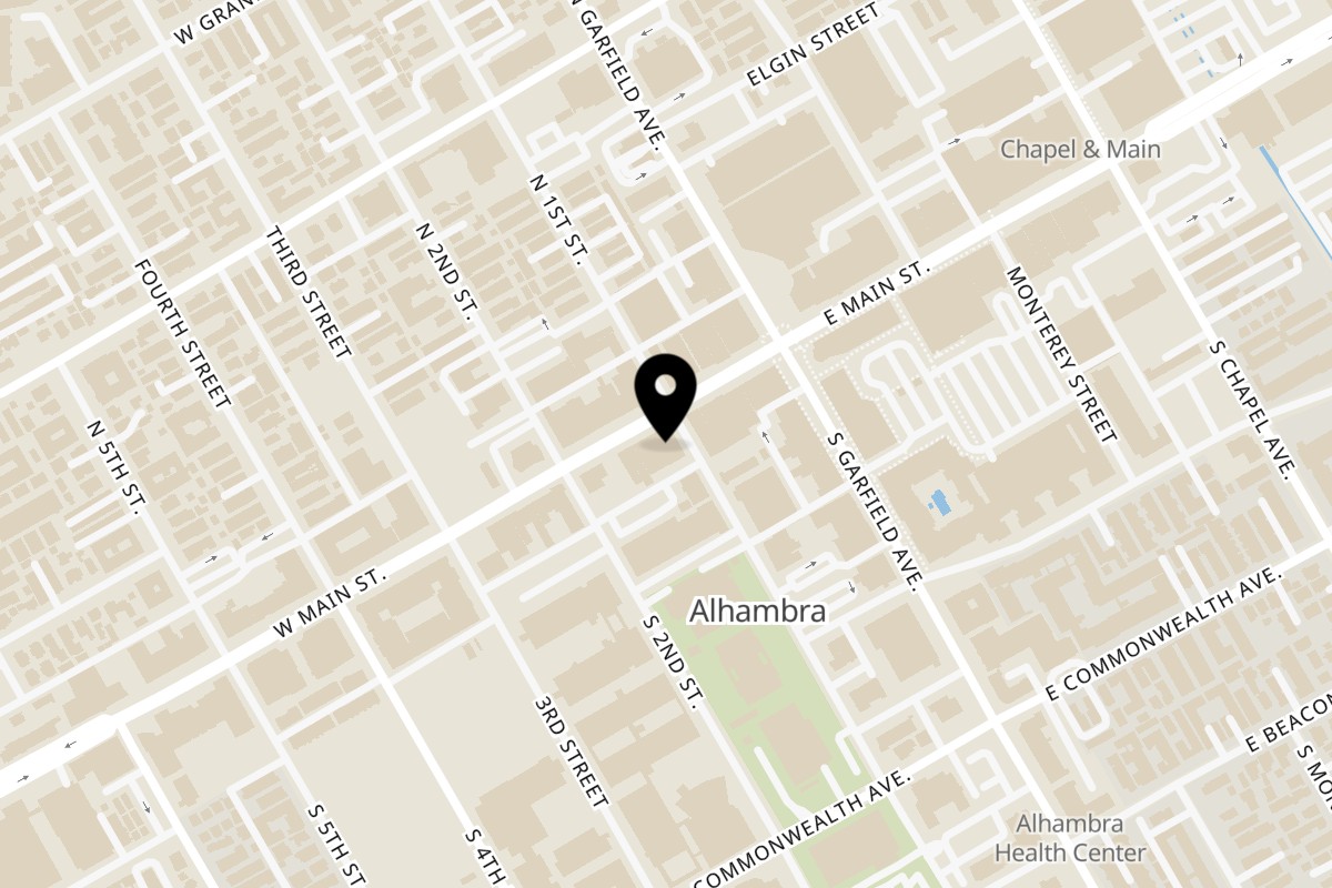 Map showing the location of 38 Degrees Ale House & Grill on 100 W Main St in Alhambra